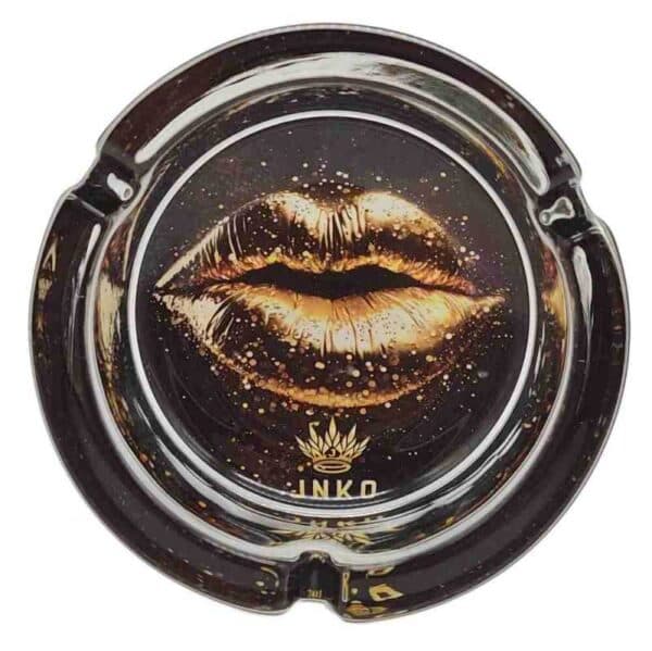 Ashtray Round Glas Luxury Art Golden Lips 10cm